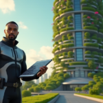 "Max Zypher stands confidently in front of a futuristic green energy facility with a cityscape, showcasing his innovative sustainable solutions and top 5G connectivity gadgets."