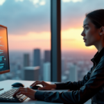 "A young professional sits in a futuristic office with cutting-edge gadgets and AI tools, surrounded by floor-to-ceiling windows offering a cityscape view at sunset."