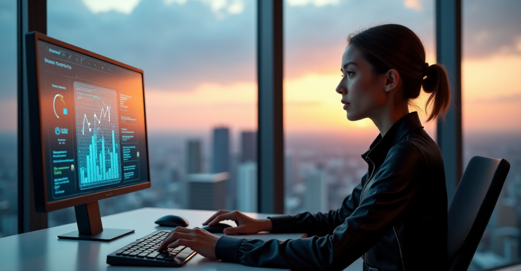 "A young professional sits in a futuristic office with cutting-edge gadgets and AI tools, surrounded by floor-to-ceiling windows offering a cityscape view at sunset."