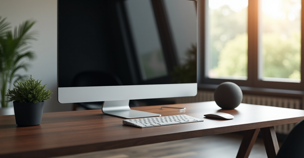 "A modern office space featuring a sleek desk with cutting-edge tech, including a high-resolution touchscreen monitor, wireless charging pad, and smart speaker, amidst natural elegance and soft diffused light."