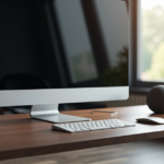 "A modern office space featuring a sleek desk with cutting-edge tech, including a high-resolution touchscreen monitor, wireless charging pad, and smart speaker, amidst natural elegance and soft diffused light."