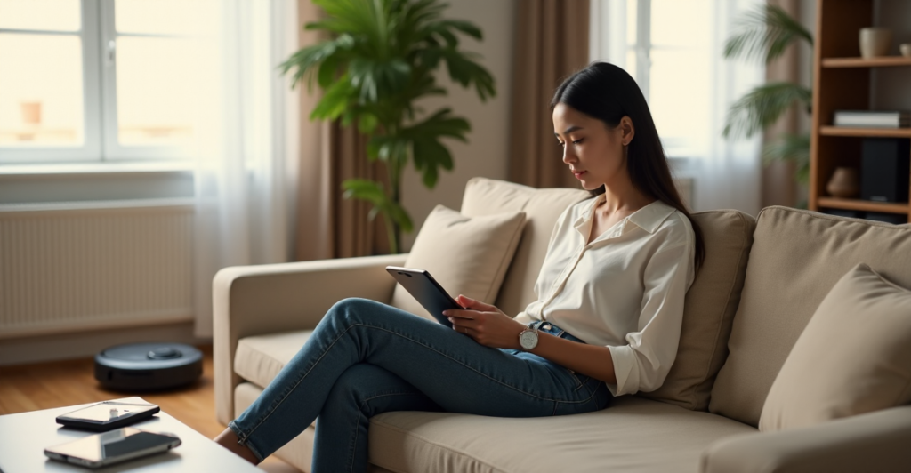 A person sits on a beige couch surrounded by cutting-edge 5G gadgets and AI automation devices in a minimalist living room bathed in soft natural light.