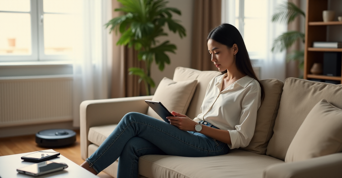 A person sits on a beige couch surrounded by cutting-edge 5G gadgets and AI automation devices in a minimalist living room bathed in soft natural light.