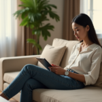 A person sits on a beige couch surrounded by cutting-edge 5G gadgets and AI automation devices in a minimalist living room bathed in soft natural light.