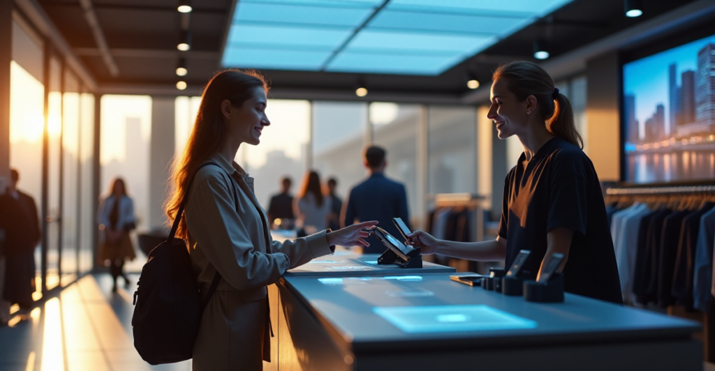 "A young woman confidently shops at a modern retail store with cutting-edge 5G-enabled checkout counter, surrounded by electronic devices and clothing racks."