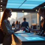 "5G Revolutionizes Retail: Enhancing Customer Experiences with Seamless Connectivity" "A young woman confidently shops at a modern retail store with cutting-edge 5G-enabled checkout counter, surrounded by electronic devices and clothing racks."
