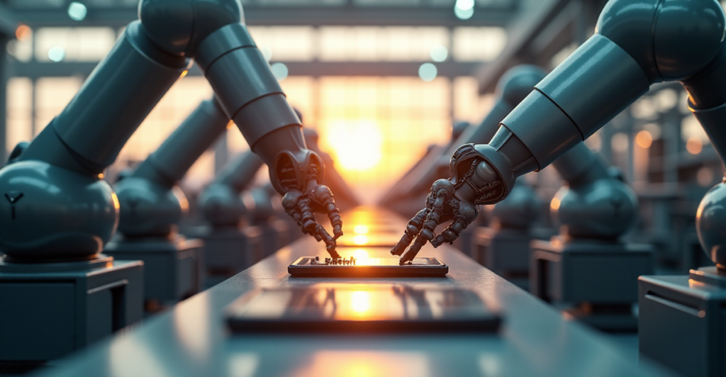 "A futuristic factory floor with robotic arms and 5G-enabled machinery assembling a smartphone, highlighting efficiency and innovation in industry, relevant to top 5G connectivity gadgets of 2025."