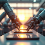"A futuristic factory floor with robotic arms and 5G-enabled machinery assembling a smartphone, highlighting efficiency and innovation in industry, relevant to top 5G connectivity gadgets of 2025."