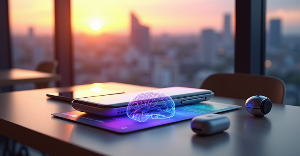 "A sleek silver smartphone on a wooden desk in a modern learning environment, surrounded by high-tech gadgets with soft blue hues, showcasing top 5G connectivity gadgets."