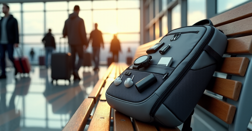 "A sleek silver backpack on an airport bench, showcasing organized mobile gadgets, amidst a bustling travel hub with blurred figures and whizzing luggage carts."