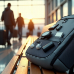 "A sleek silver backpack on an airport bench, showcasing organized mobile gadgets, amidst a bustling travel hub with blurred figures and whizzing luggage carts."