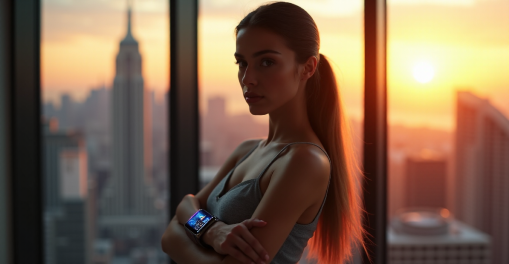 "A young woman wearing a sleek silver smartwatch with gradient blue glow, confidently standing in front of a modern cityscape at sunset."