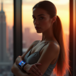 Stay Connected, Stay in Control: The Future of Wearable Tech "A young woman wearing a sleek silver smartwatch with gradient blue glow, confidently standing in front of a modern cityscape at sunset."