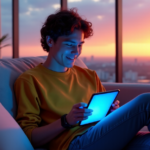 "A young adult sits on a modern couch surrounded by cutting-edge AI-powered gadgets, engrossed in their smartphone amidst a vibrant cityscape at sunset."