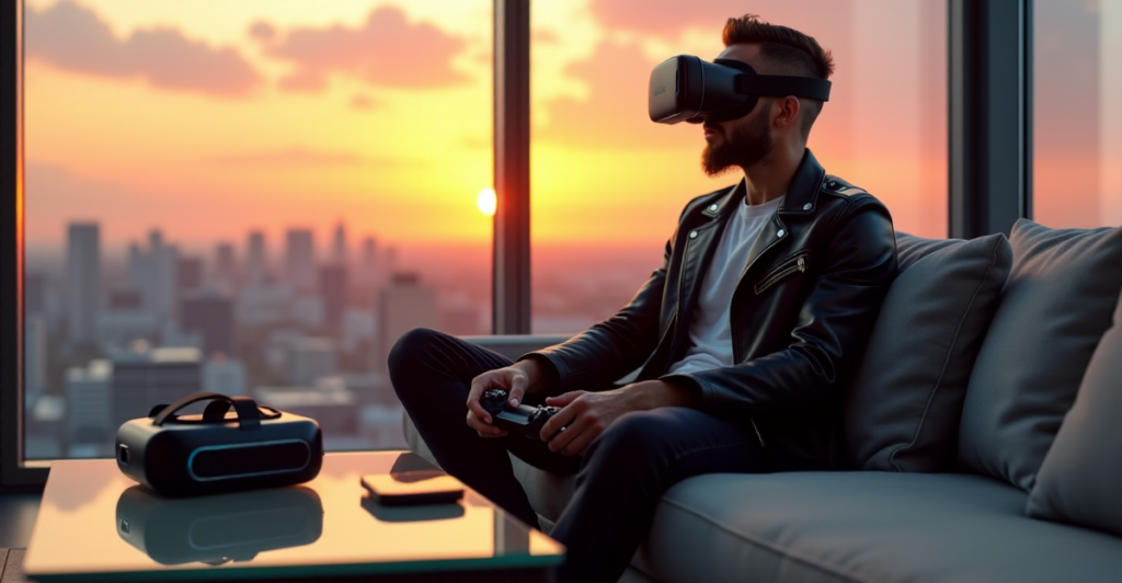 "Max Zypher sits on a modern couch in a spacious living room with floor-to-ceiling windows offering a breathtaking cityscape sunset view, surrounded by cutting-edge tech gadgets."