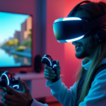"A gamer wearing high-end VR accessories in a dimly lit gaming room with immersive virtual reality landscape and futuristic decor."