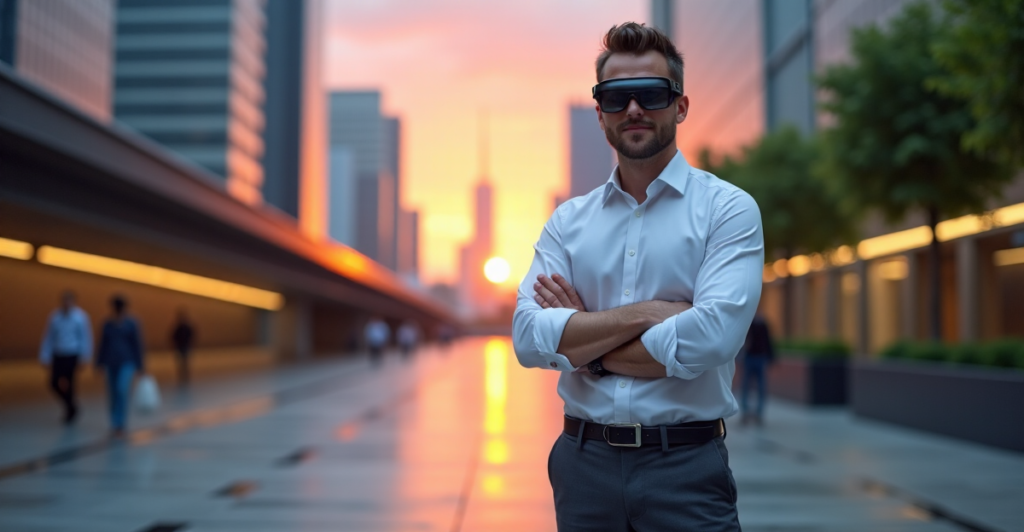 "Max Zypher confidently stands in front of a modern cityscape at sunset, wearing cutting-edge wearable tech gadgets with top 5G connectivity features."