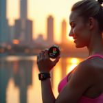 "A young woman stands confidently in front of a modern cityscape at sunset, wearing high-tech fitness trackers and holding a smartwatch displaying data streams."