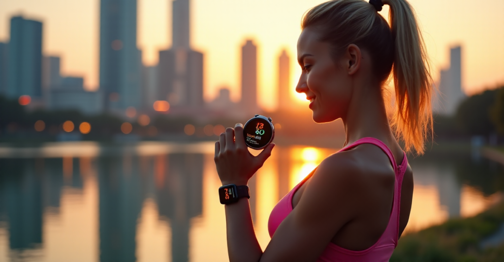 "A young woman stands confidently in front of a modern cityscape at sunset, wearing high-tech fitness trackers and holding a smartwatch displaying data streams."