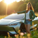 "A young woman stands proudly in front of a sleek electric car surrounded by lush greenery, conveying cutting-edge sustainable innovation."