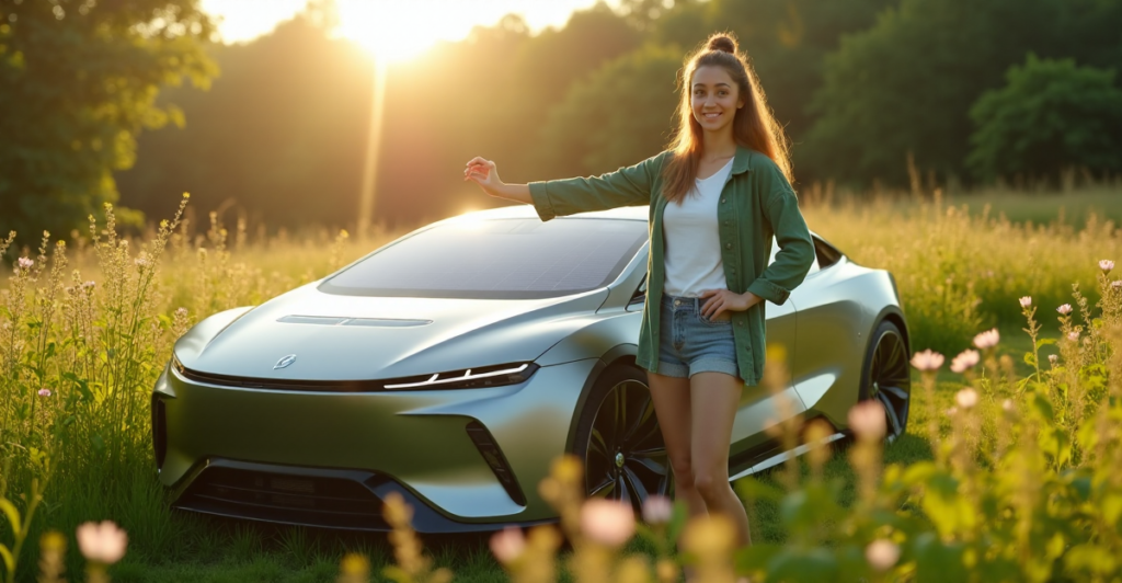 "A young woman stands proudly in front of a sleek electric car surrounded by lush greenery, conveying cutting-edge sustainable innovation."