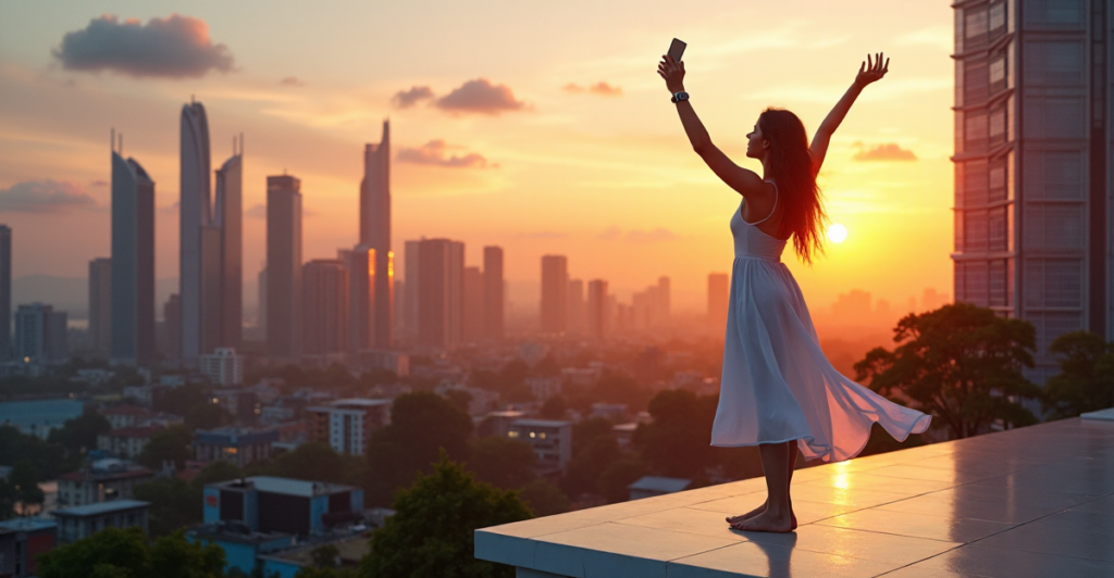 "A young woman stands on a rooftop, gazing out at a futuristic cityscape with sleek skyscrapers, lush greenery, and vibrant street art, connected to her top 5G connectivity gadgets 2025."