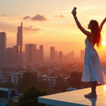 "5G Revolutionizes Sustainability: A Connected Future" "A young woman stands on a rooftop, gazing out at a futuristic cityscape with sleek skyscrapers, lush greenery, and vibrant street art, connected to her top 5G connectivity gadgets 2025."