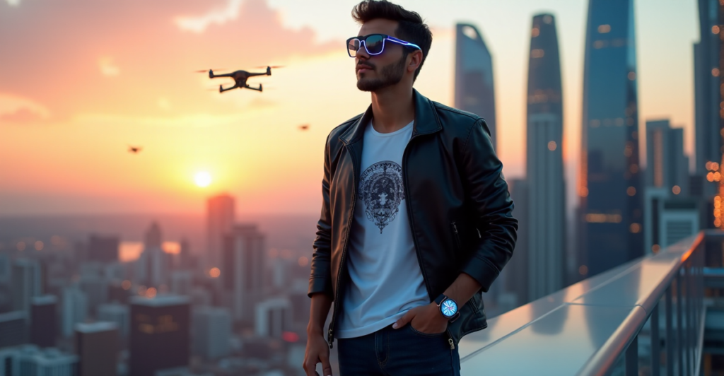 "Image of a young man in cutting-edge wearable tech, standing confidently in front of a modern cityscape at sunset."