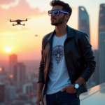 "Image of a young man in cutting-edge wearable tech, standing confidently in front of a modern cityscape at sunset."