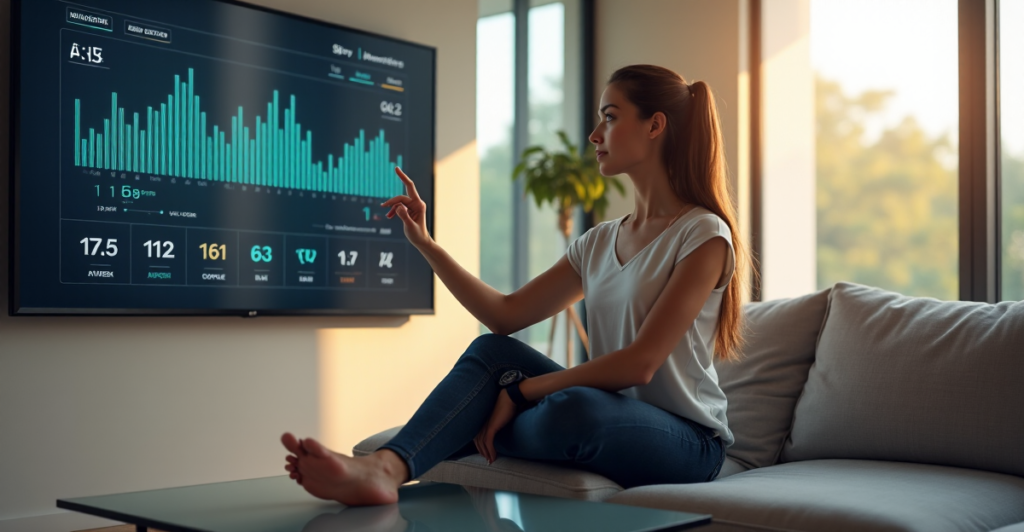 "A young woman relaxes on a minimalist couch, surrounded by top 5G connectivity gadgets, monitoring her vital signs on a high-definition display."