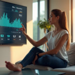 "A young woman relaxes on a minimalist couch, surrounded by top 5G connectivity gadgets, monitoring her vital signs on a high-definition display."