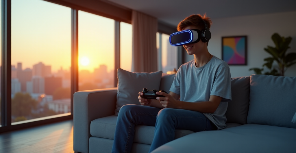 "A young adult immersed in virtual reality on a modern couch with top 5G connectivity gadgets, surrounded by cityscape at dusk."