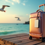 "A sleek silver smart luggage tag attached to a rose-gold travel backpack on a wooden dock overlooking a serene turquoise ocean at sunset."