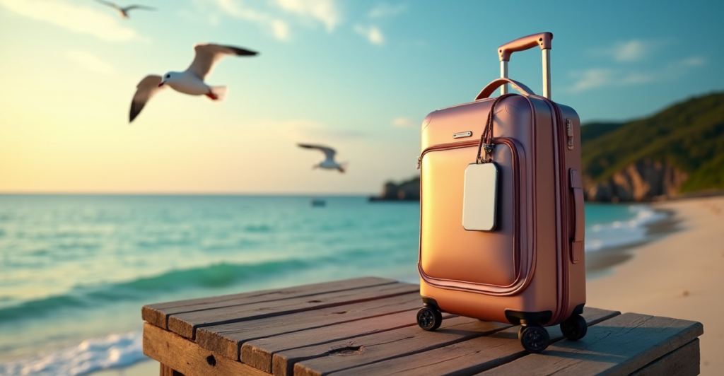 "A sleek silver smart luggage tag attached to a rose-gold travel backpack on a wooden dock overlooking a serene turquoise ocean at sunset."