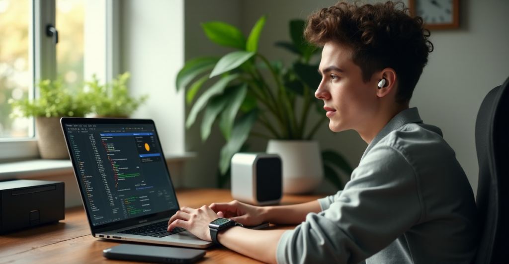 "A young adult sits in a clutter-free home office, intently navigating an open-source blockchain platform on their laptop, surrounded by lush greenery and cutting-edge tech gadgets."