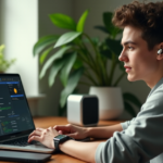 "A young adult sits in a clutter-free home office, intently navigating an open-source blockchain platform on their laptop, surrounded by lush greenery and cutting-edge tech gadgets."