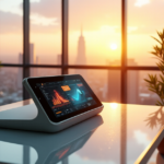 "A futuristic workspace featuring a sleek silver AI-powered 5G device with a large touchscreen interface, surrounded by lush greenery and floor-to-ceiling windows showcasing a cityscape at sunset."