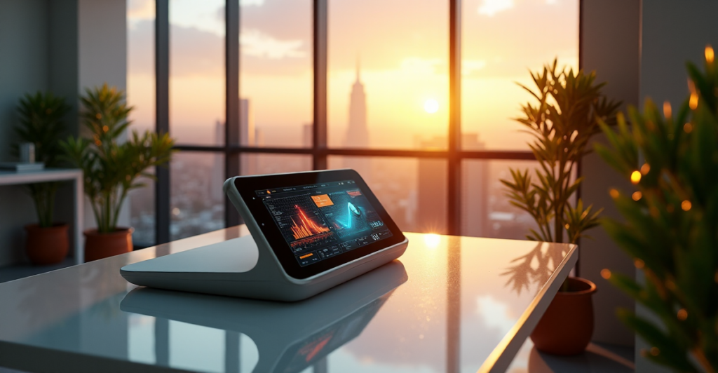 "A futuristic workspace featuring a sleek silver AI-powered 5G device with a large touchscreen interface, surrounded by lush greenery and floor-to-ceiling windows showcasing a cityscape at sunset."