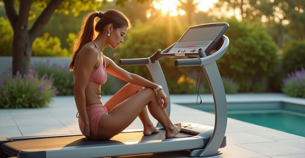 A young woman relaxes on a marble patio, tracking her workout metrics on a smart treadmill while wearing a rose-gold smartwatch with top 5G connectivity gadgets nearby amidst lush greenery.