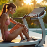 A young woman relaxes on a marble patio, tracking her workout metrics on a smart treadmill while wearing a rose-gold smartwatch with top 5G connectivity gadgets nearby amidst lush greenery.