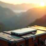 "Top Mobile Travel Gadgets for Smarter Journeys: Essential 5G Devices and Portable Tools for Efficient Exploration" A sleek smartphone attached to a vintage travel trunk in a misty mountain landscape at dawn, conveying adventure and technological sophistication with top 5G connectivity features.
