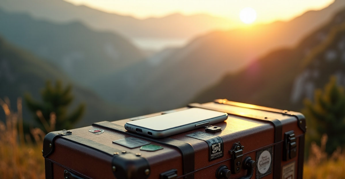 A sleek smartphone attached to a vintage travel trunk in a misty mountain landscape at dawn, conveying adventure and technological sophistication with top 5G connectivity features.