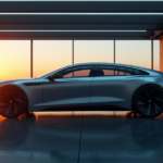 "A sleek silver luxury sedan on a futuristic garage floor with AI-powered features, set against a cityscape at sunset, highlighting top 5G connectivity gadgets 2025."