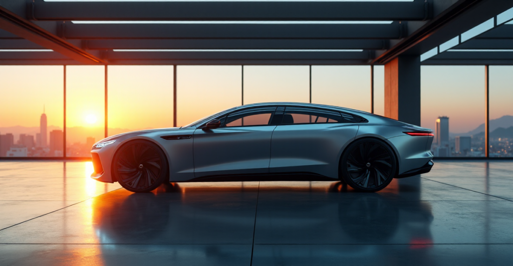 "A sleek silver luxury sedan on a futuristic garage floor with AI-powered features, set against a cityscape at sunset, highlighting top 5G connectivity gadgets 2025."