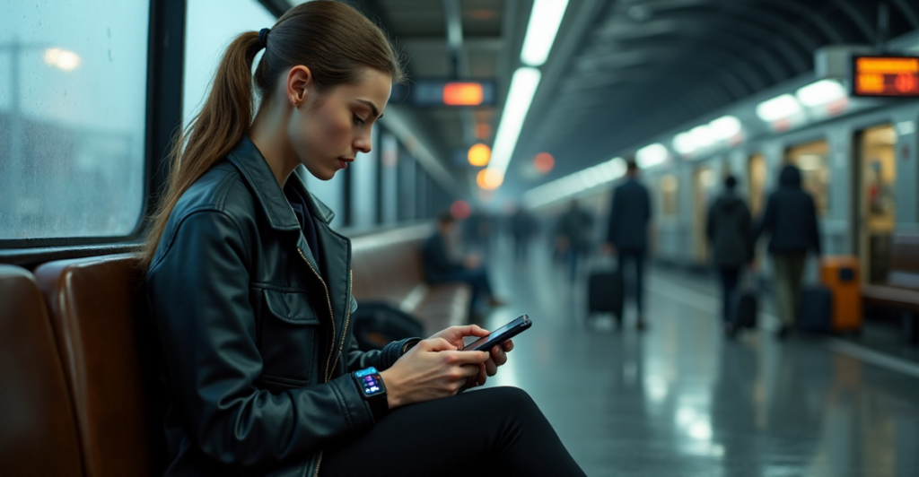 "A young woman navigates travel apps on her smartphone while seated on a worn leather bench in a bustling train station, surrounded by cutting-edge mobile gadgets."