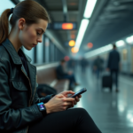 "A young woman navigates travel apps on her smartphone while seated on a worn leather bench in a bustling train station, surrounded by cutting-edge mobile gadgets."