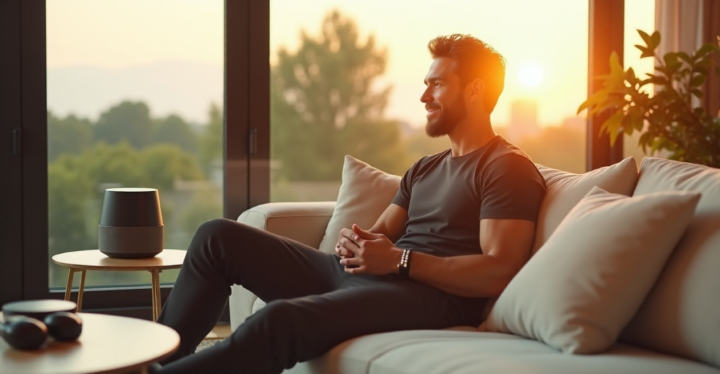 "A serene modern living room scene with Max Zypher relaxing on a cream-colored couch amidst sleek wellness gadgets, gazing out at lush greenery."