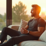 "A serene modern living room scene with Max Zypher relaxing on a cream-colored couch amidst sleek wellness gadgets, gazing out at lush greenery."