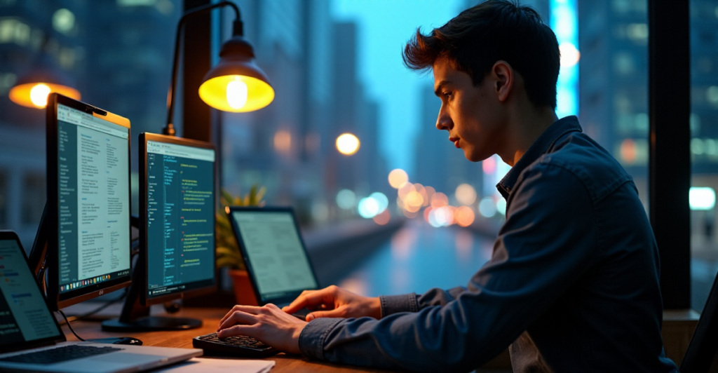 A young adult sits at a cluttered desk with computer screens and laptops open to blockchain software, hands hovering over a keyboard amidst a blurred cityscape at dusk, conveying focus and determination.