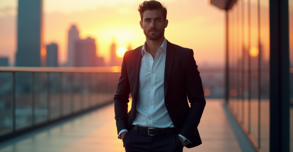 "Max Zypher stands confidently in front of a modern cityscape at sunset, showcasing cutting-edge health tech with a sleek smartwatch."